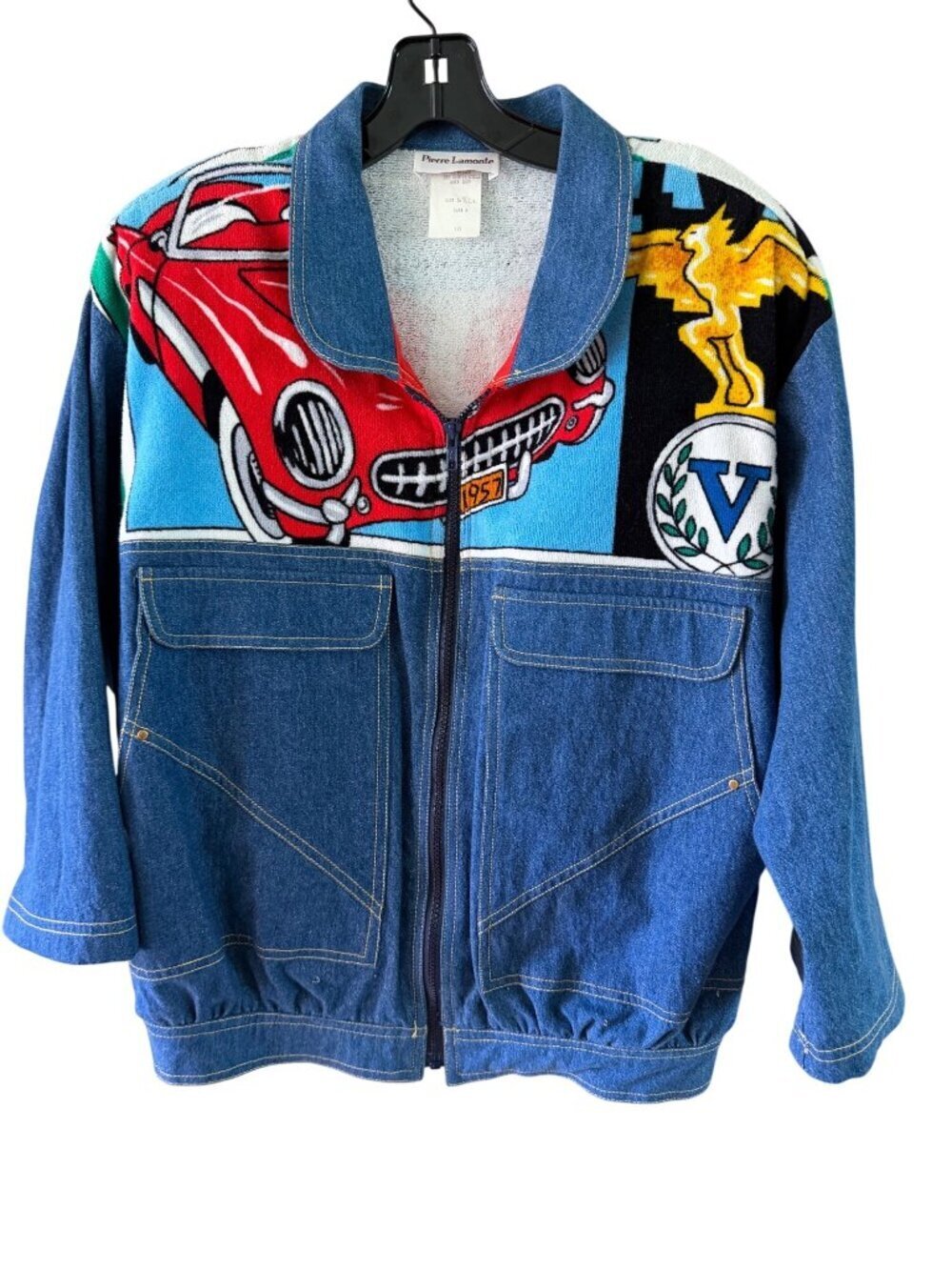 Pierre Lamont Womens Car Theme Bomber Style Jacket Size 10 Blue USA Vintage